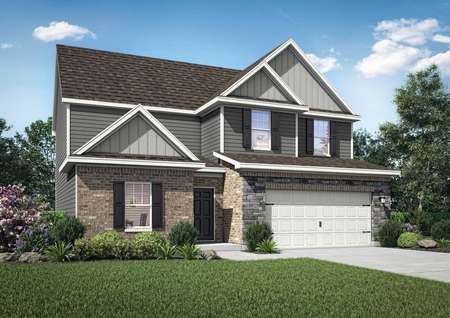 The Hartwell exterior rendering with brick and light grey siding, white trim, white 2 car garage, shingle roof and landscaped front yard