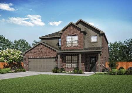 Superior two-story home exterior, with dark brown siding on brick finish, green grassy yard, and two-car garage