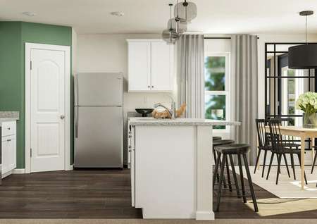 Rendering of the kitchen with vinyl plank
  flooring, white cabinetry and stainless steel appliances. 