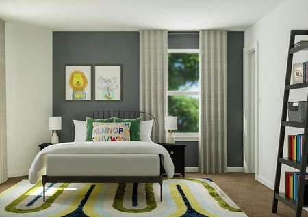 Rendering of kids bedroom with small bed,
  dual side tables, two windows and storage ladder.