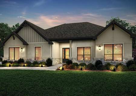Elevation rendering at dusk of the Fairview plan with tan stucco and stone accents.