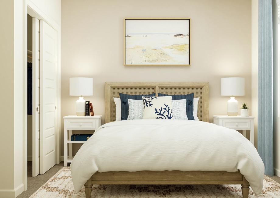 Rendering of a bedroom showing a large
  bed between two nightstands. A window is to the right and the closet is to
  the left.Â 