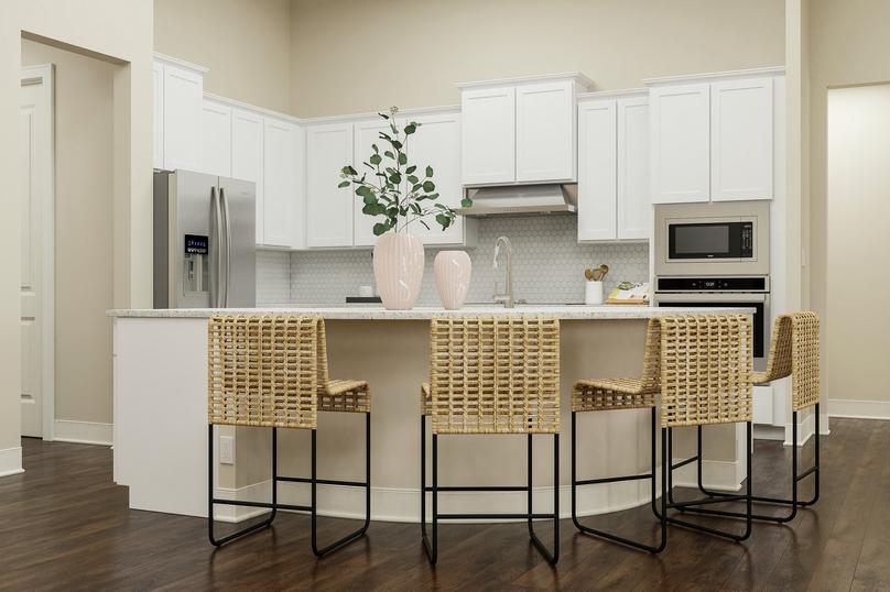 Rendering of a spacious kitchen showing
  white cabinetry and stainless steel appliances with a large island and chairs
  with dark wood look flooring throughout.
