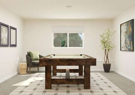Rendering of the flex space with a window
  and carpeted flooring furnished with a pool table, gray armchair and potted
  tree.