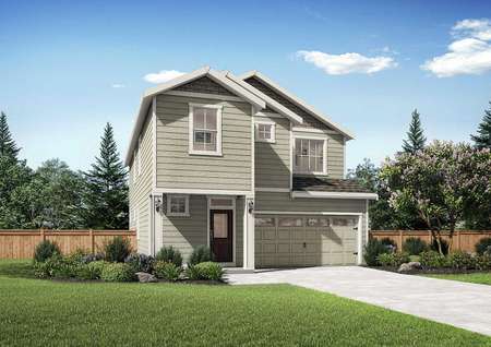 Larch new home rendering with white trimmed windows and fascia, two living levels, and two car garage door