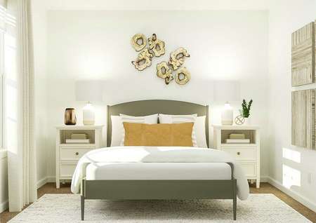 Rendering of bedroom area with large bed,
  dual side tables and artwork above bed.