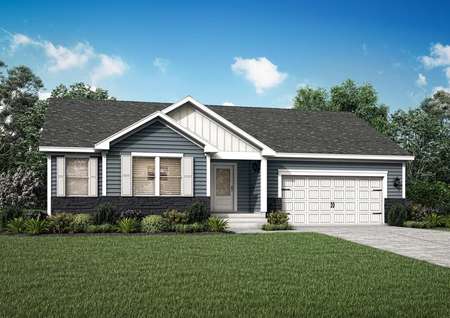 Artist rendering of the Pennington II plan by LGI Homes in blue and white siding with dark gray stone accents.