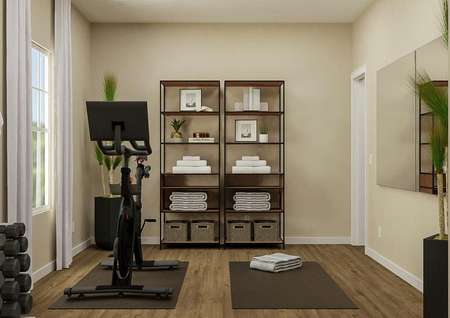 Rendering of the flex space in the
  Jackson with a window on the left wall, bookshelves with towels and
  decorations on the back wall and a mirror on the right wall. In the center of
  the room is an exercise bike and yoga mat.