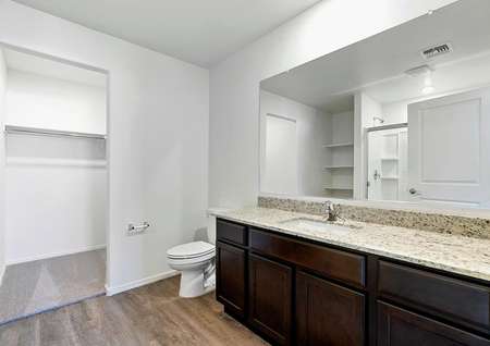 Master bathroom with granite countertops, a walk-in shower, and storage shelves.
