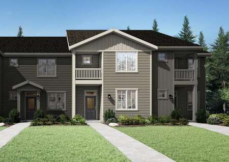 The Estacada floor plan renderings with a sidewalk that leads to the home entryway.
