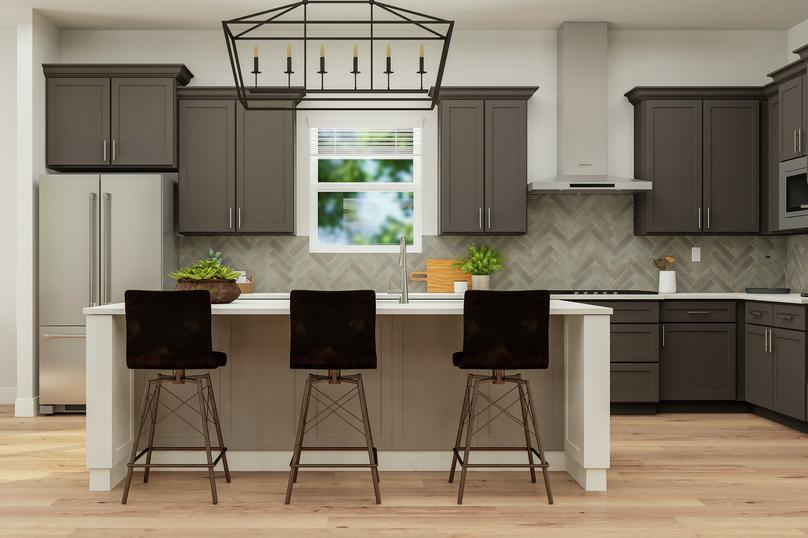 Rendering of the spacious kitchen in the  Fairview plan, which has a large island with three stools. It features brown  cabinetry, quartz countertops, stainless steel appliances, chandelier and a  window above the sink.
