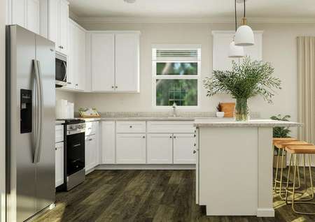 Rendering of the kitchen with vinyl plank
  flooring, white cabinetry, granite countertops and stainless steel
  appliances.