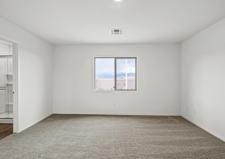 Master bedroom with carpet and a large window