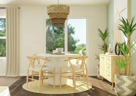 Rendering of the dining room with vinyl
  plank flooring. A round table with four chairs, buffet and potted plants fill
  the space.
