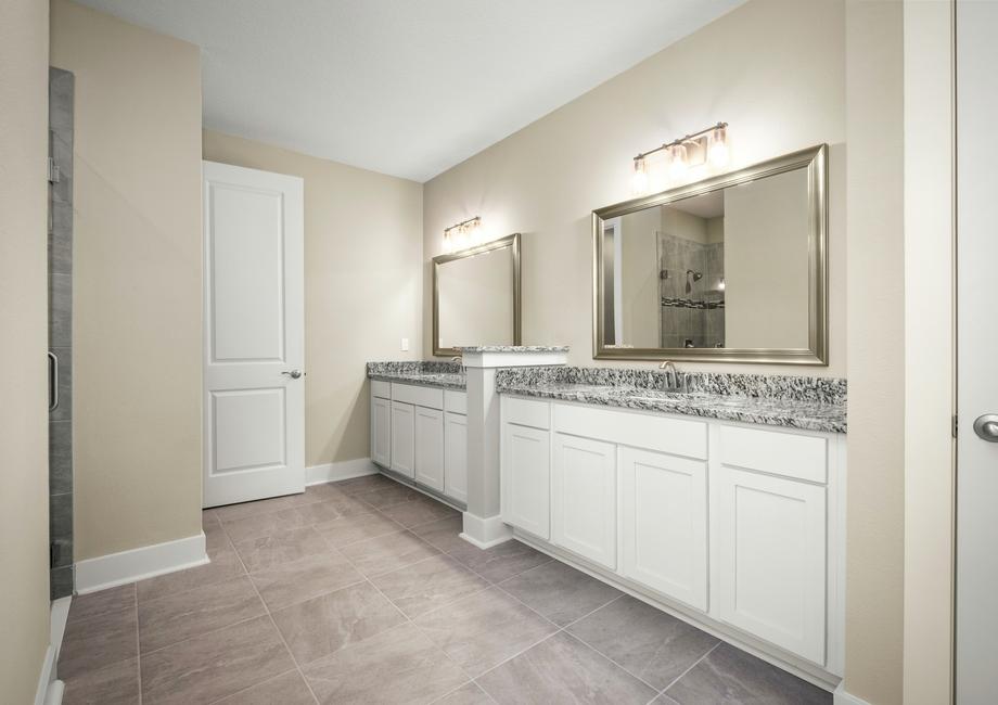 Master bathroom with a walking-in shower, separate tub and a large vanity.
