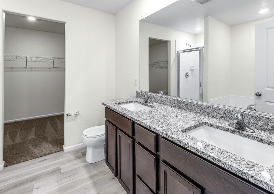 Master bathroom with a double-sink vanity, granite countertops, and a walk-in closet.