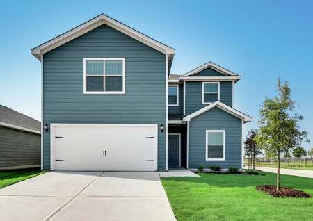 The Driftwood plan has blue siding and great curb appeal.