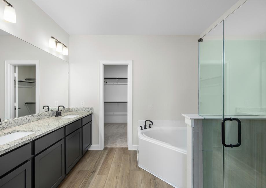 The master bathroom has a dual sink vanity, a soaking tub, a step in shower and a large walk-in closet.