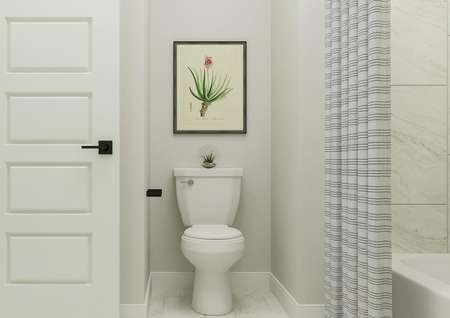 Rendering of a secondary bathroom
  featuring a toilet and shower behind a striped curtain.