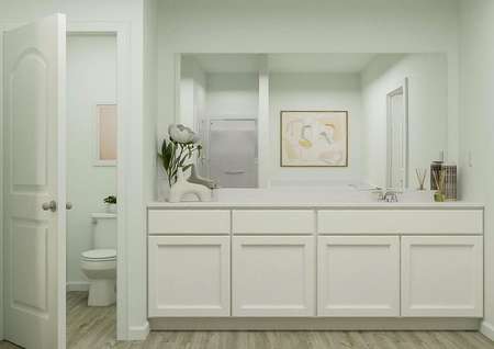 Rendering of owners bath with large
  countertop space and white finishes, adjacent to owners closet.