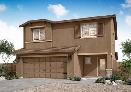 New-construction home with a two-car garage and large windows.