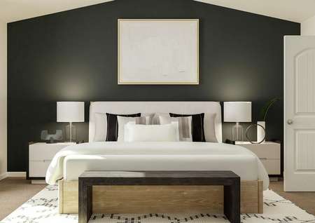 Rendering of the large master bedroom
  with vaulted ceiling. A large bed is between two nightstand and a large
  painting hangs above the bed.