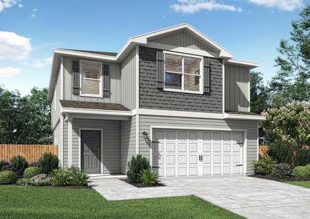 Beautiful two-story home with gray siding.