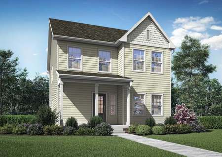 Artist rendering of the 2-story Susan plan with pale yellow siding and shake shingle accents, plus a covered front porch with 3 columns, glass front door, and 6 windows.