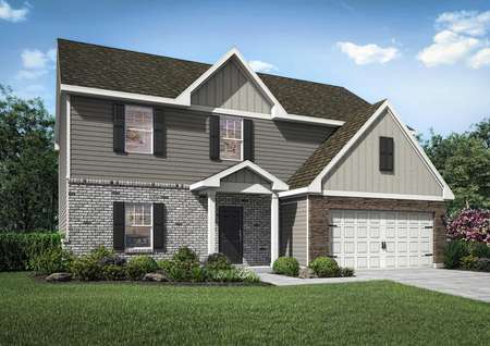 Two-story floor plan illustration with a two-car garage and brick, stone and siding features. 