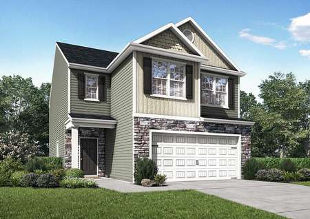 Burke multi-story house with green landscaped yard, two-car garage, and two-tone paint finish