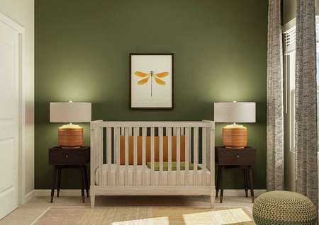 Rendering of a bedroom decorated as a
  nursery with a crib, two nightstands and dragonfly artwork. The room has a
  closet and window.