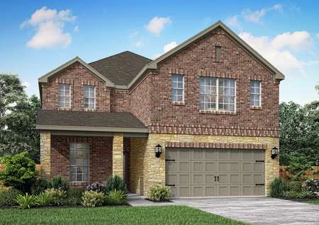 Exterior rendering of the two-story Twinberry floor plan with brick and stone masonry, front yard landscaping and a two-car garage