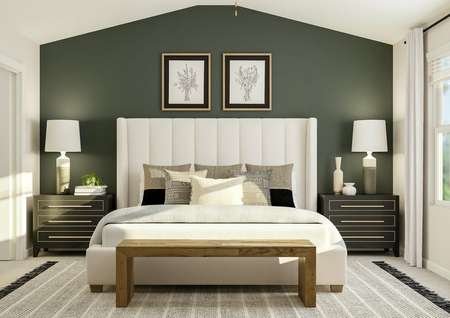 Rendering of the spacious master bedroom
  with vaulted ceiling. The room is furnished with a bed between two
  nightstands. A bench sits at the foot of the bed.