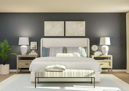 Rendering of a
  spacious master bedroom with window, accent wall painted navy and carpeted
  flooring covered by a white and blue rug. In the center is a white fabric bed
  and two nightstands made of light wood.