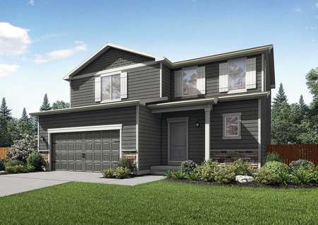 Mesa Verde artist rendering with lush landscaping, brown siding with white trim, and carriage-style garage