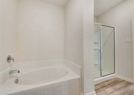 The master bath has a large soaker tub and glass enclosed shower.