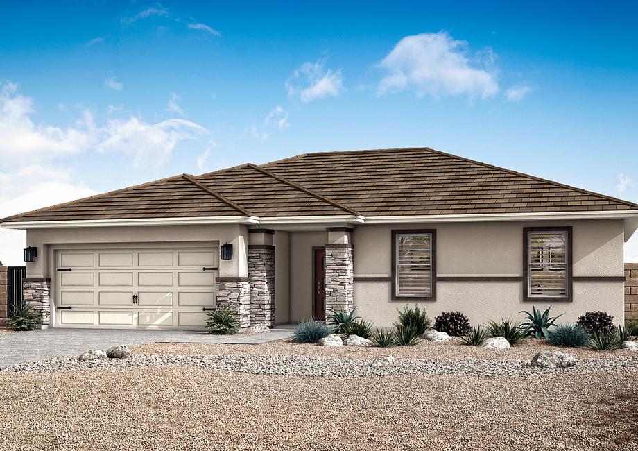 The Coronado plan is a single-story home with stucco and stone.