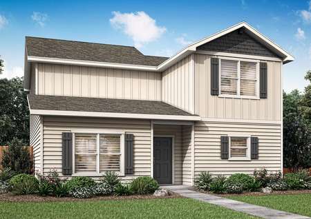 The Davis is a single-family home with light siding and professional front yard landscaping.