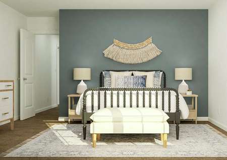 Rendering of a large secondary bedroom
  furnished with a bed, two nightstands, a bench and a dresser.
