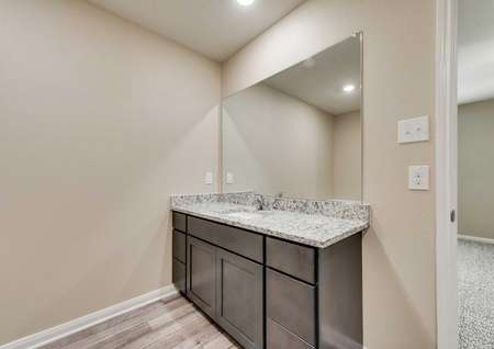 Ozark bathroom with granite countertops, and dark wood cabinetry