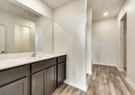 Driftwood bathroom with large vanity and mirror, wood cabinetry, and recessed lights