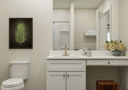 Rendering of the spacious master bath
  focused on the sink, which has white cabinets and a makeup vanity. The toilet
  is beside it and in the mirror's reflection the shower and linen storage is
  visible.
