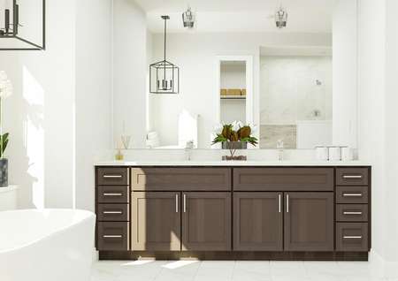 Rendering of the owners bathroom with
  double vanity featuring quartz counters and chrome fixtures. In the
  wall-length mirror a chandelier and spacious shower can be seen.