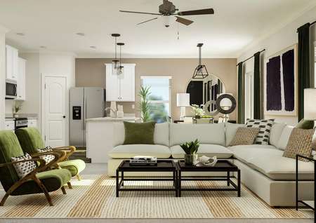 Rendering of the open floor plan in the
  Avery. The living room, furnished with sectional and accent chairs, are in
  the foreground and the kitchen and dining area are behind it.