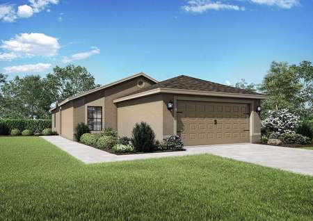 Exterior view of the Anastasia floor plan's model home and grass lawn.