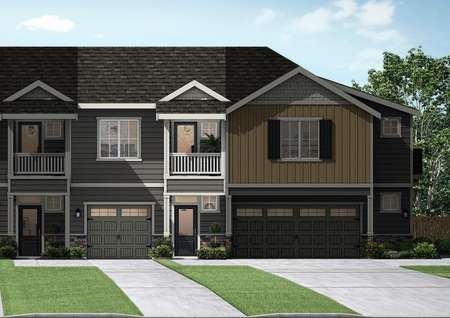 Artist rendering of a four plex townhome building with the interior Alki floor plan highlighted, which features a 1-car attached garage, siding exterior with stone accents, a covered front porch and an upstairs balcony.