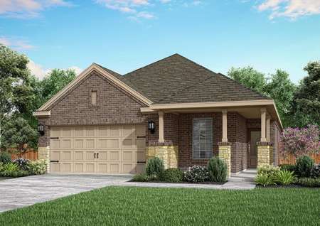 Exterior rendering of the one-story Hazelnut floor plan with brick and stone masonry, front yard landscaping and a two-car garage