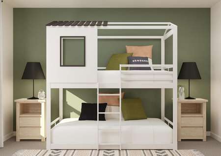 Rendering of a secondary bedroom
  featuring fun bunk beds and children's furniture.