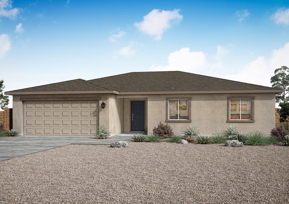 Rendering of the Jemez floor plan with stucco and front landscaping.
