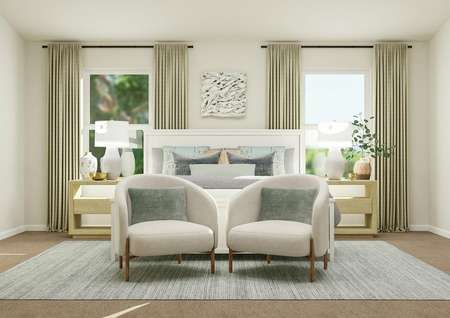 Rendering of the spacious master suite in
  the Fripp, which has two windows and a vaulted ceiling. The room is furnished
  with a large bed, two nightstands, two armchairs and a rug.